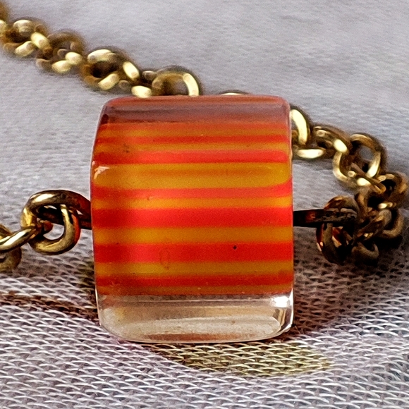 Lucite Ice Cube Orange Square Gold Tone Extra Long Necklace Polymer Millifiore - Picture 4 of 7